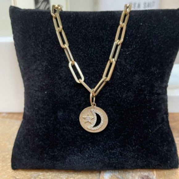Paperclip Chain with removable Moon and Star Pave Pendant - Picture 1 of 5